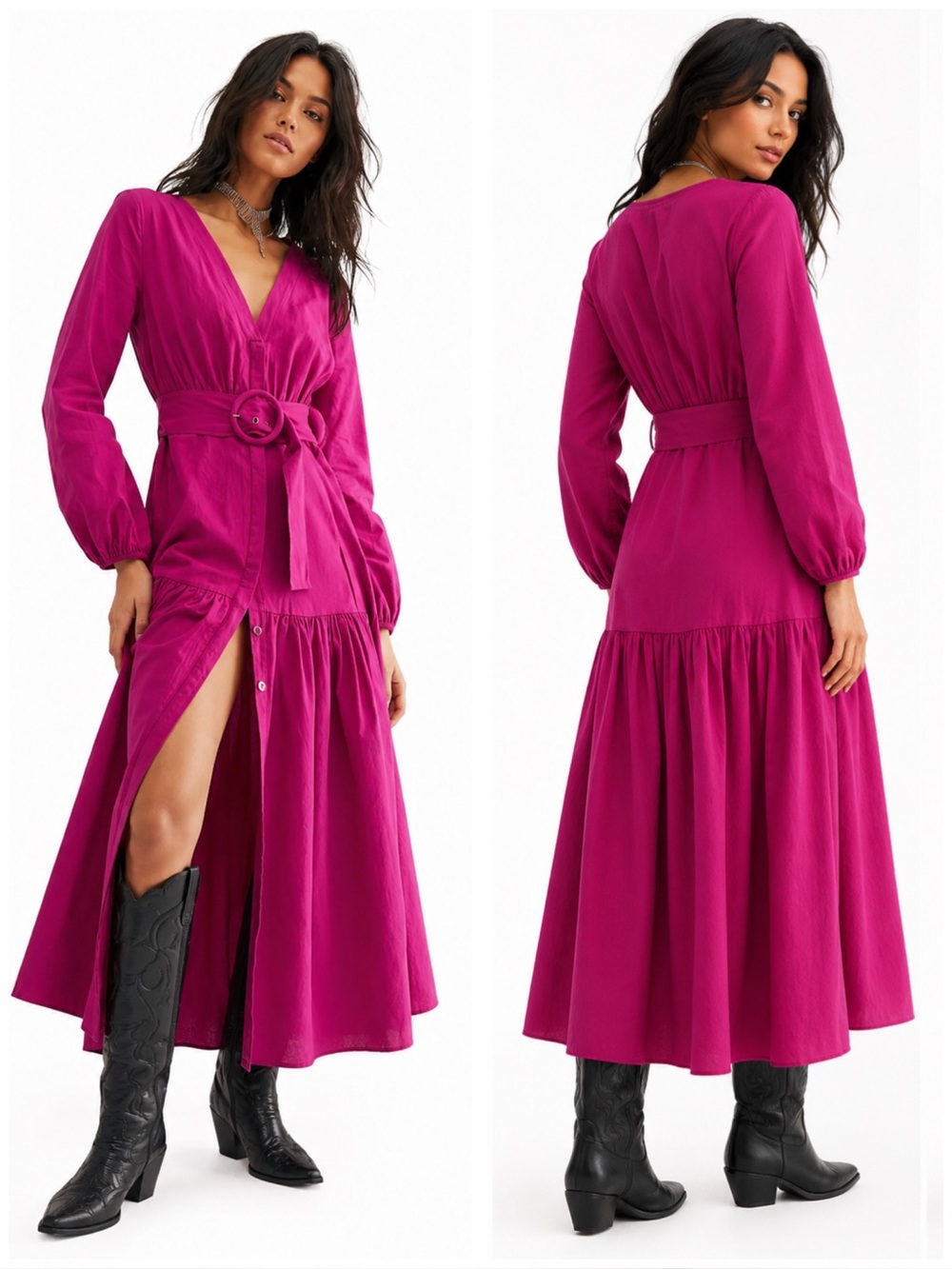 Free People Fuchsia Cotton Maxi Dress Belted Boho Long Sleeve XL